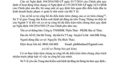 Cở sở tự công bố đủ điều kiện tiêm chủng (Công ty TNHHĐK Thiên Thảo - PKĐK Bác sỹ Thảo)