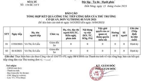 BÁO CÁO TỔNG HỢP KẾT QUẢ CÔNG TÁC TIẾP CÔNG DÂN CỦA THỦ TRƯỞNG CƠ QUAN, ĐƠN VỊ THÁNG 03 NĂM 2025