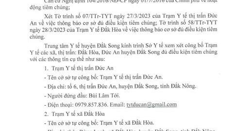 Cở sở tự công bố đủ điều kiện tiêm chủng (xã Đắk Hòa, thị trấn Đức An)