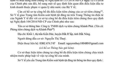 Cở sở tự công bố đủ điều kiện tiêm chủng (Công ty TNHH dịch vụ tiêm chủng Khánh Phát)