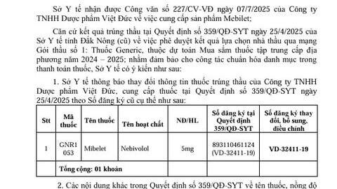 thay đổi Thông tin thuốc trúng  thầu tại Quyết định số 359/QĐ-SYT  ngày 25/4/2025 phục vụ công tác  chuẩn hóa danh mục trong thanh  toán thuốc