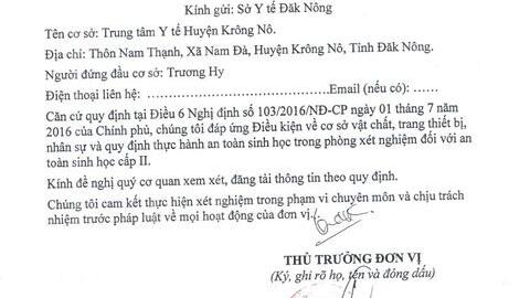 Bản tự công bố cơ sở xét nghiệm đạt tiêu chuẩn an toàn sinh học - Trung tâm Y tế huyện Krông Nô