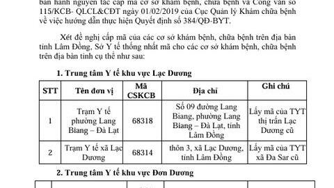 Cấp mã khám bệnh, chữa  bệnh cho các cơ sở khám  bệnh, chữa bệnh trên địa bàn  tỉnh Lâm Đồng