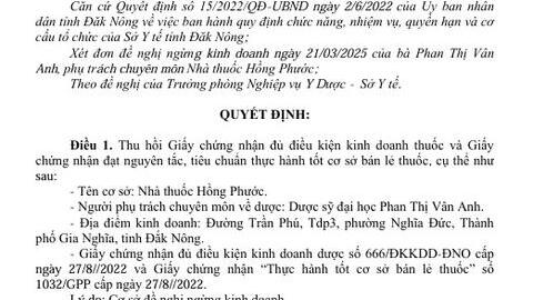 Quyết định 545/QĐ-SYT Thu hồi Giấy chứng nhận đủ điều kiện kinh doanh thuốc, Giấy chứng nhận thực hành tốt cơ sở bán lẻ thuốc - GPP (Nhà thuốc Hồng Phước)