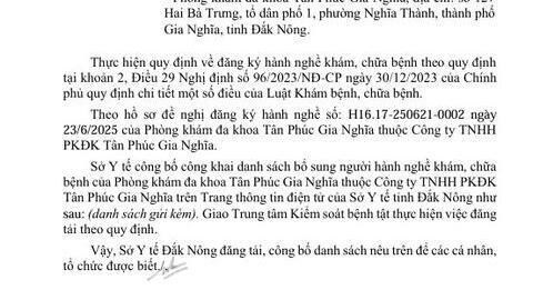 Công bố công khai danh sách bổ  sung người hành nghề khám bệnh,  chữa bệnh ngày 20/6/2025 tại Phòng  khám đa khoa Tân Phúc Gia Nghĩa