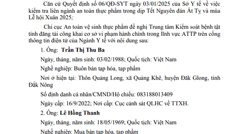 Công bố cơ sở vi phạm hành chính trong lĩnh vực ATTP trên cổng thông tin điện tử của Ngành Y tế