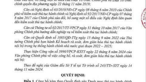 công bố Danh mục thủ tục hành chính nội bộ giữa các cơ quan hành chính nhà nước trong tỉnh Đắk Nông thuộc phạm vi chức năng quản lý của Sở Y tế tỉnh Đắk Nông