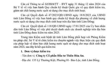 Báo cáo phản hồi kết quả ngoại kiểm chất lượng nước sạch sử dụng cho mục đích sinh hoạt tại Công ty Cổ phần Đầu tư Thiên Hòa An năm 2025