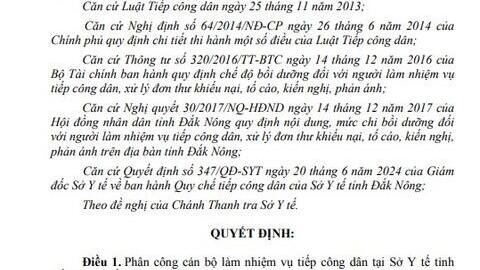 Quyết định Về việc phân công nhiệm vụ tiếp công dân tại Sở Y tế tỉnh Đắk Nông