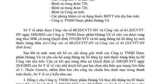 Thông báo, thay đổi thông tin thuốc trúng thầu tại Quyết định số 359/QĐ-SYT ngày 25/4/2025 phục vụ công tác chuẩn hóa danh mục trong thanh toán thuốc Hoàng Vũ