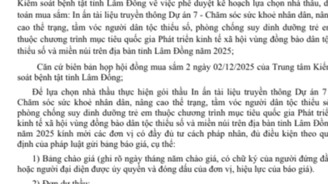 Thông báo Gửi báo giá và hồ sơ năng lực thực hiện  gói thầu In ấn tài liệu truyền thông