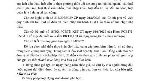 Gửi hồ sơ chào giá Gói thầu cung  cấp bơm kim tiêm 0,1ml sử dụng trong  tiêm chủng mở rộng năm 2025