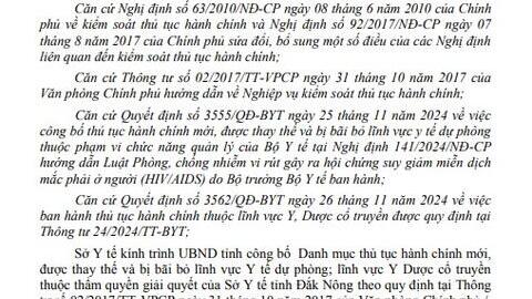 Công bố Danh mục thủ tục hành chính mới, được thay thế và bị bãi bỏ lĩnh vực Y tế dự phòng; lĩnh vực Y Dược cổ truyền thuộc thẩm quyền giải quyết của Sở Y tế tỉnh Đắk Nông