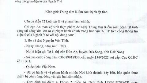Công bố Cơ sở vi phạm hành chính trong lĩnh vực An toàn thực phẩm
