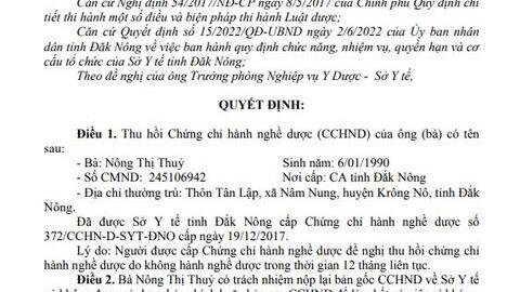 Quyết định 749/QĐ-SYT	Thu hồi Chứng chỉ hành nghề dược (Nông Thị Thuỷ)