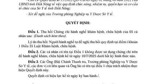 Quyết định 597/QĐ-SYT thu hồi Chứng chỉ/Giấy phép hành nghề khám bệnh, chữa bệnh (các cá nhân thay đổi PVCDCM)