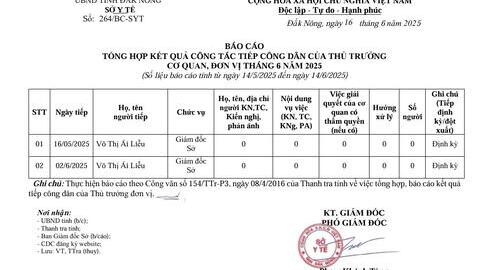 BC TỔNG HỢP KẾT QUẢ CÔNG TÁC TIẾP CÔNG DÂN CỦA THỦ TRƯỞNG CƠ QUAN, ĐƠN VỊ THÁNG 6 NĂM 2025