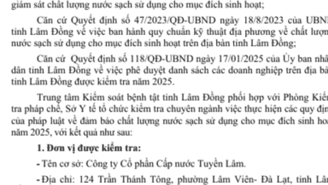 Kết quả ngoại kiểm chất lượng nước sạch sử dụng cho mục đích sinh hoạt tại Công ty Cổ phần Cấp nước Tuyền Lâm năm 2025