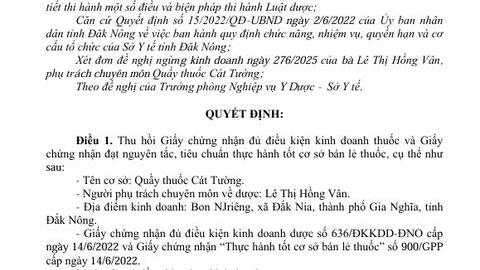 Quyết định 594/QĐ-SYT Thu hồi Giấy chứng nhận đủ điều kiện kinh doanh thuốc, Giấy chứng nhận thực hành tốt cơ sở bán lẻ thuốc - GPP (Lê Thị Hồng Vân)