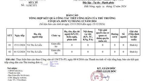 BÁO CÁO TỔNG HỢP KẾT QUẢ CÔNG TÁC TIẾP CÔNG DÂN CỦA THỦ TRƯỞNG CƠ QUAN, ĐƠN VỊ THÁNG 12 NĂM 2024