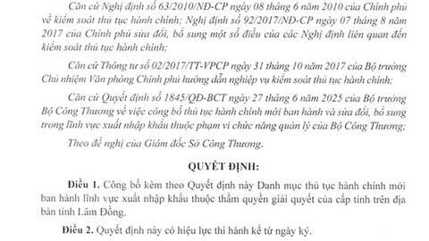 Công bố Danh mục thủ tục hành chính mới ban hành lĩnh vực xuất nhập khẩu thuộc thẩm quyền giải quyết của cấp tỉnh trên địa bàn tỉnh Lâm Đồng
