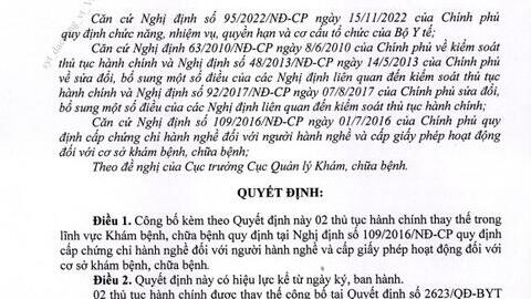 Quyết định về việc công bố thủ tục hành chính thay thế trong lĩnh vực khám bệnh, chữa bệnh quy định tại Nghị định 109/2016/NĐ-CP ngày 01/7/2016 của Chính phủ