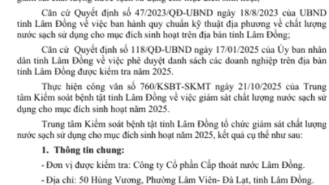 Kết quả ngoại kiểm chất lượng nước sạch sử dụng cho mục đích sinh hoạt tại Công ty Cổ phần Cấp thoát nước Lâm Đồng năm 2025