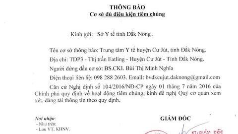 Thông báo cơ sở đủ điều kiện tiêm chủng - Trung Tâm Y tế huyện Cư Jut