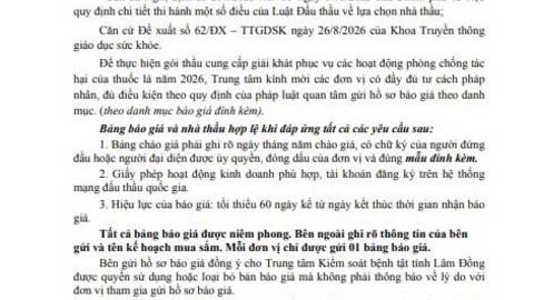 Thư mời chào giá Gói thầu cung cấp giải khát phục vụ các hoạt động phòng chống tác hại của thuốc lá năm 2026