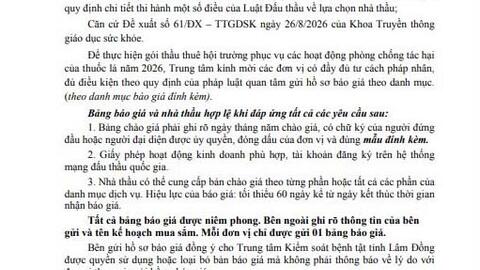Thư mời chào giá Gói thầu thuê hội trường phục vụ các hoạt động phòng chống tác hại của thuốc lá năm 2026