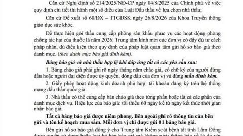 Thư mời chào giá Gói thầu cung cấp phông sân khấu phục vụ các hoạt động phòng chống tác hại của thuốc lá năm 2026