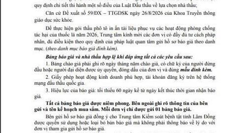Thư mời chào giá Gói thầu phô tô in ấn tài liệu phục vụ các hoạt động phòng chống tác hại của thuốc lá năm 2026
