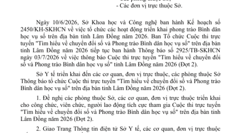 Tiếp tục triển khai các nội dung về Cuộc thi trực tuyến "Tìm hiểu về chuyển đổi số và Phong trào Bình dân học vụ số" trên địa bàn tỉnh Lâm Đồng năm 2026 (Đợt 2)