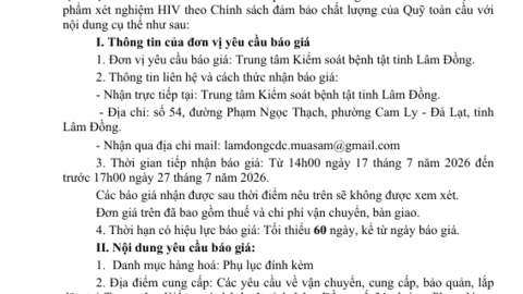 Thông báo Gói thầu mua Sinh phẩm nằm trong "Danh sách các bộ sinh  phẩm xét nghiệm HIV theo Chính sách đảm bảo chất lượng của Quỹ toàn cầu