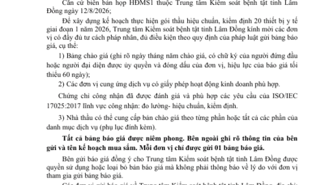 Thông báo Gửi bảng chào giá gói thầu hiệu chuẩn, kiểm định 20 thiết bị y tế  giai đoạn 1 năm 2026