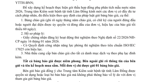 Thông báo gửi bảng chào giá gói thầu hợp đồng  phụ phân tích mẫu nước năm 2026