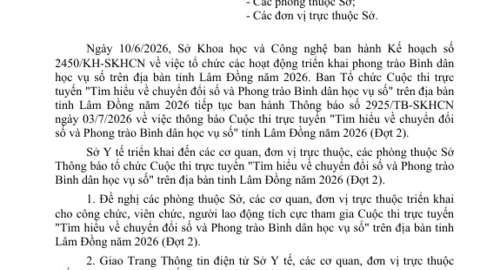 Tiếp tục triển khai các nội  dung về Cuộc thi trực tuyến "Tìm  hiểu về chuyển đổi số và Phong  trào Bình dân học vụ số" trên địa  bàn tỉnh Lâm Đồng năm 2026  (Đợt 2)