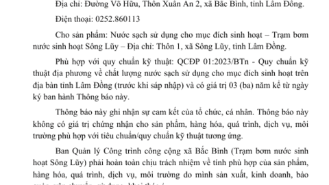 THÔNG BÁO TIẾP NHẬN HỒ SƠ CÔNG BỐ HỢP QUY - Trạm bơm nước sinh hoạt Sông Lũy