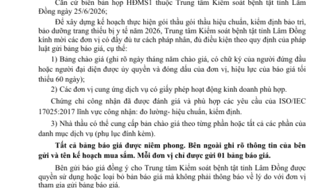 Thông báo gửi bảng chào giá gói thầu hiệu chuẩn, kiểm định bảo dưỡng trang thiếu bị y tế năm 2026 (lần 2)