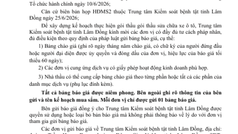Thông báo gửi bảng chào giá gói thầu sửa chữa xe ôtô