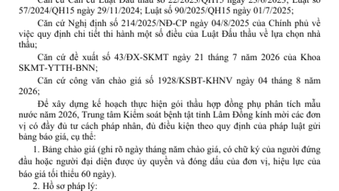 Thông báo gửi bảng chào giá gói thầu hợp đồng phụ phân tích mẫu  nước năm 2026 (lần 2)