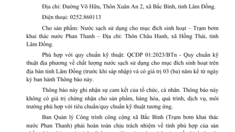 THÔNG BÁO TIẾP NHẬN HỒ SƠ CÔNG BỐ HỢP QUY - Trạm bơm khai thác nước Phan Thanh
