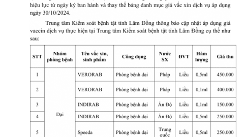 Thông báo  Áp dụng mức giá Vaccin dịch vụ tại Trung tâm Kiểm soát bệnh tật tỉnh Lâm Đồng