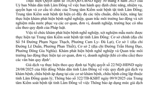Thông báo Về việc triển khai khám phát hiện bệnh nghề nghiệp, quan trắc môi trường lao động và xét nghiệm mẫu nước
