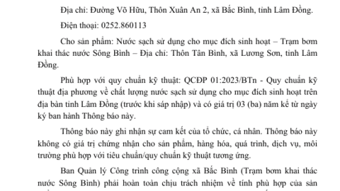 THÔNG BÁO TIẾP NHẬN HỒ SƠ CÔNG BỐ HỢP QUY - Trạm bơm khai thác nước Sông Bình
